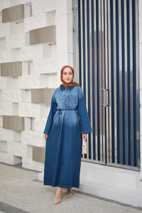 Tonsürton Detaylı Bel Bağlamalı Kot Elbise Mavi