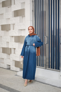 Tonsürton Detaylı Bel Bağlamalı Kot Elbise Mavi