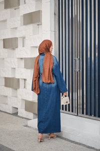 Tonsürton Detaylı Bel Bağlamalı Kot Elbise Mavi