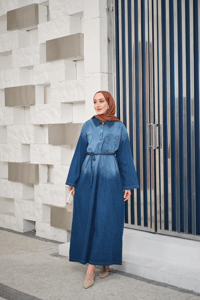 Tonsürton Detaylı Bel Bağlamalı Kot Elbise Mavi