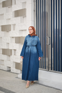 Tonsürton Detaylı Bel Bağlamalı Kot Elbise Mavi