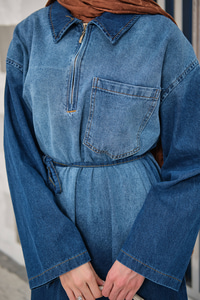 Tonsürton Detaylı Bel Bağlamalı Kot Elbise Mavi