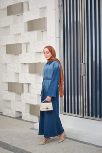 Tonsürton Detaylı Bel Bağlamalı Kot Elbise Mavi