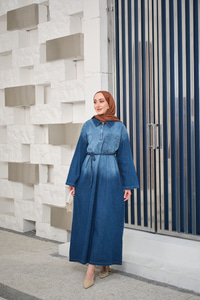 Tonsürton Detaylı Bel Bağlamalı Kot Elbise Mavi