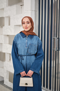 Tonsürton Detaylı Bel Bağlamalı Kot Elbise Mavi