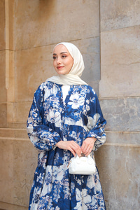 Tropical Çicek Desen Elbise Lacivert