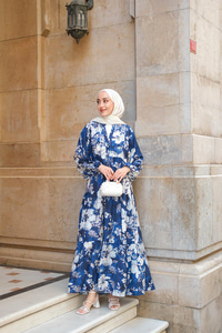 Tropical Çicek Desen Elbise Lacivert