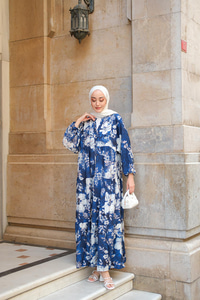 Tropical Çicek Desen Elbise Lacivert