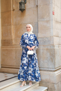 Tropical Çicek Desen Elbise Lacivert