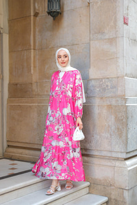 Tropical Çicek Desen Elbise Pembe