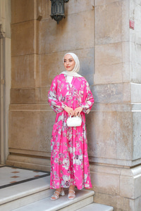 Tropical Çicek Desen Elbise Pembe