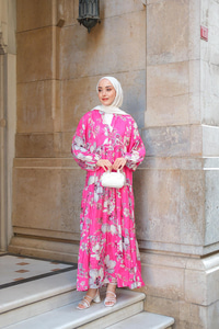 Tropical Çicek Desen Elbise Pembe