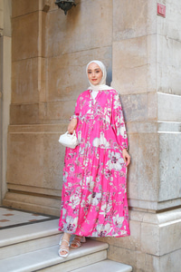 Tropical Çicek Desen Elbise Pembe