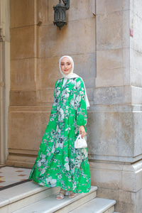 Tropical Çicek Desen Elbise Yeşil