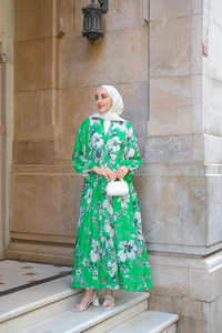 Tropical Çicek Desen Elbise Yeşil