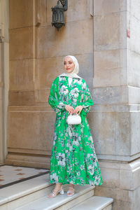 Tropical Çicek Desen Elbise Yeşil