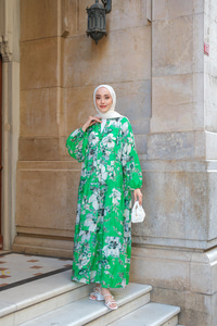 Tropical Çicek Desen Elbise Yeşil