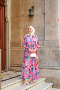 Tropikal Çicek Desen Elbise Fuşya