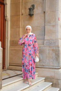 Tropikal Çicek Desen Elbise Fuşya