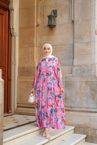 Tropikal Çicek Desen Elbise Fuşya