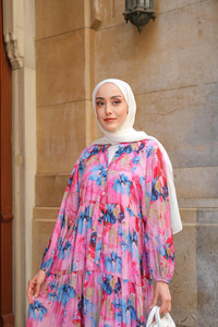 Tropikal Çicek Desen Elbise Fuşya