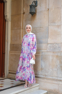 Tropikal Çicek Desen Elbise Lila