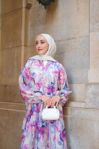 Tropikal Çicek Desen Elbise Lila