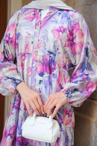 Tropikal Çicek Desen Elbise Lila