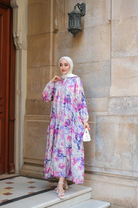 Tropikal Çicek Desen Elbise Lila