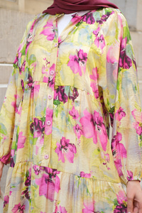 Tropikal Çicek Desen Elbise Yağ Yeşil