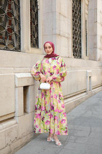 Tropikal Çicek Desen Elbise Yağ Yeşil