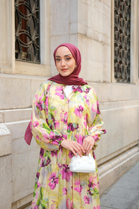 Tropikal Çicek Desen Elbise Yağ Yeşil