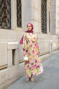 Tropikal Çicek Desen Elbise Yağ Yeşil