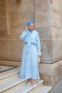 Tül Detay Bağlamalı İkili Takım Açık Mavi