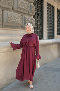 Tül Detay Bağlamalı İkili Takım Bordo