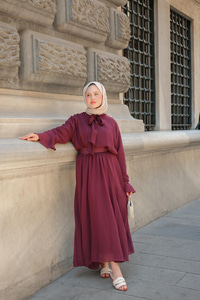 Tül Detay Bağlamalı İkili Takım Bordo