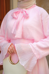 Tül Detay Bağlamalı İkili Takım Pembe