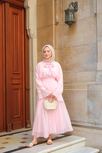 Tül Detay Bağlamalı İkili Takım Pembe