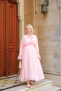 Tül Detay Bağlamalı İkili Takım Pembe