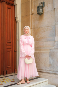 Tül Detay Bağlamalı İkili Takım Pembe