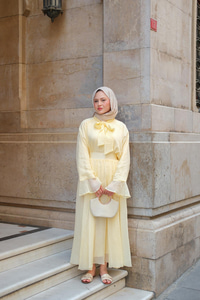 Tül Detay Bağlamalı İkili Takım Sarı