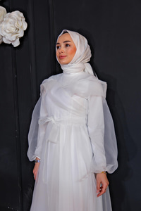 Tül Detay Bel Bağlamalı Abiye BEYAZ