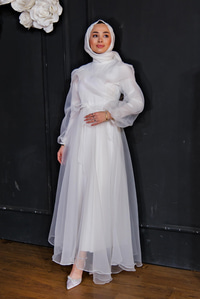 Tül Detay Bel Bağlamalı Abiye BEYAZ