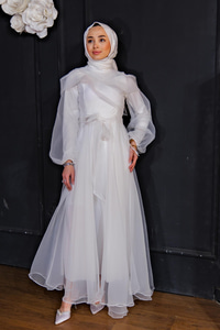 Tül Detay Bel Bağlamalı Abiye BEYAZ