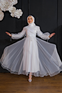 Tül Detay Bel Bağlamalı Abiye BEYAZ