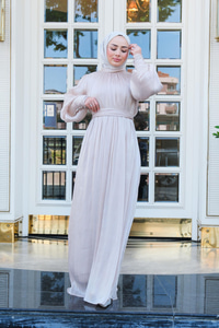 Tül Detay Bilek Taş Düğmeli Abiye Krem