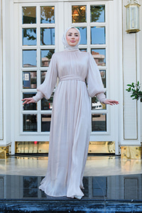 Tül Detay Bilek Taş Düğmeli Abiye Krem