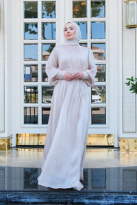 Tül Detay Bilek Taş Düğmeli Abiye Krem