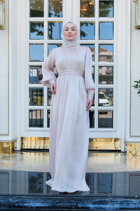 Tül Detay Bilek Taş Düğmeli Abiye Krem