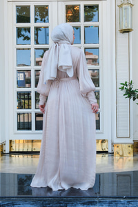 Tül Detay Bilek Taş Düğmeli Abiye Krem